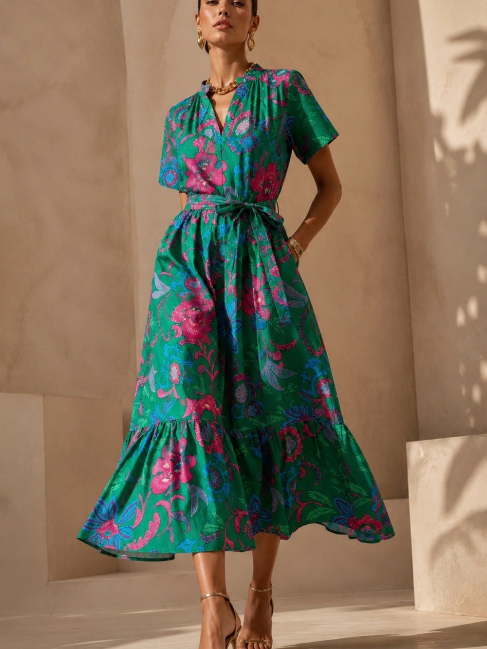 Sugarlips Green Floral Midi-maxi Dress with Pink & Blue Accents XL EUC - Picture 1 of 7